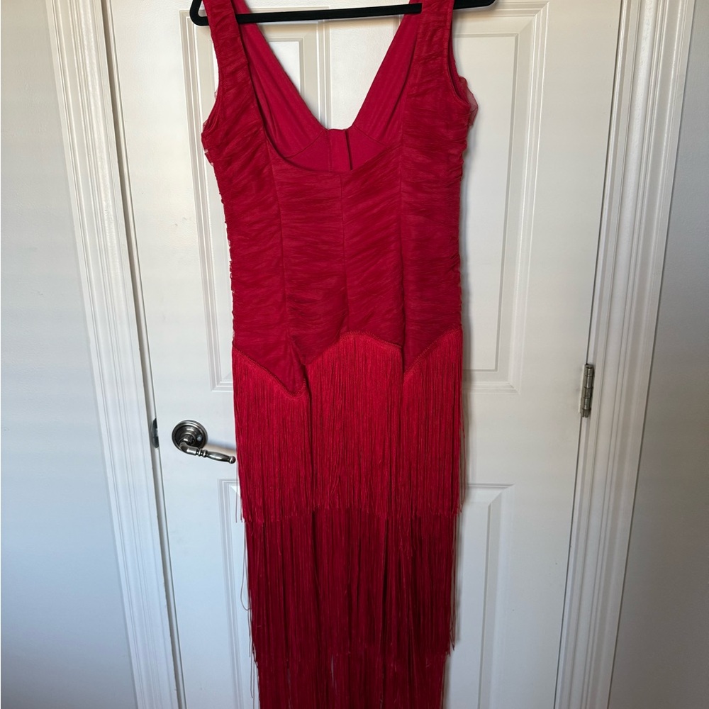 ASOS Design Tall dropped waist corset mesh fringe red midi Dress - size 8 - Picture 4 of 7